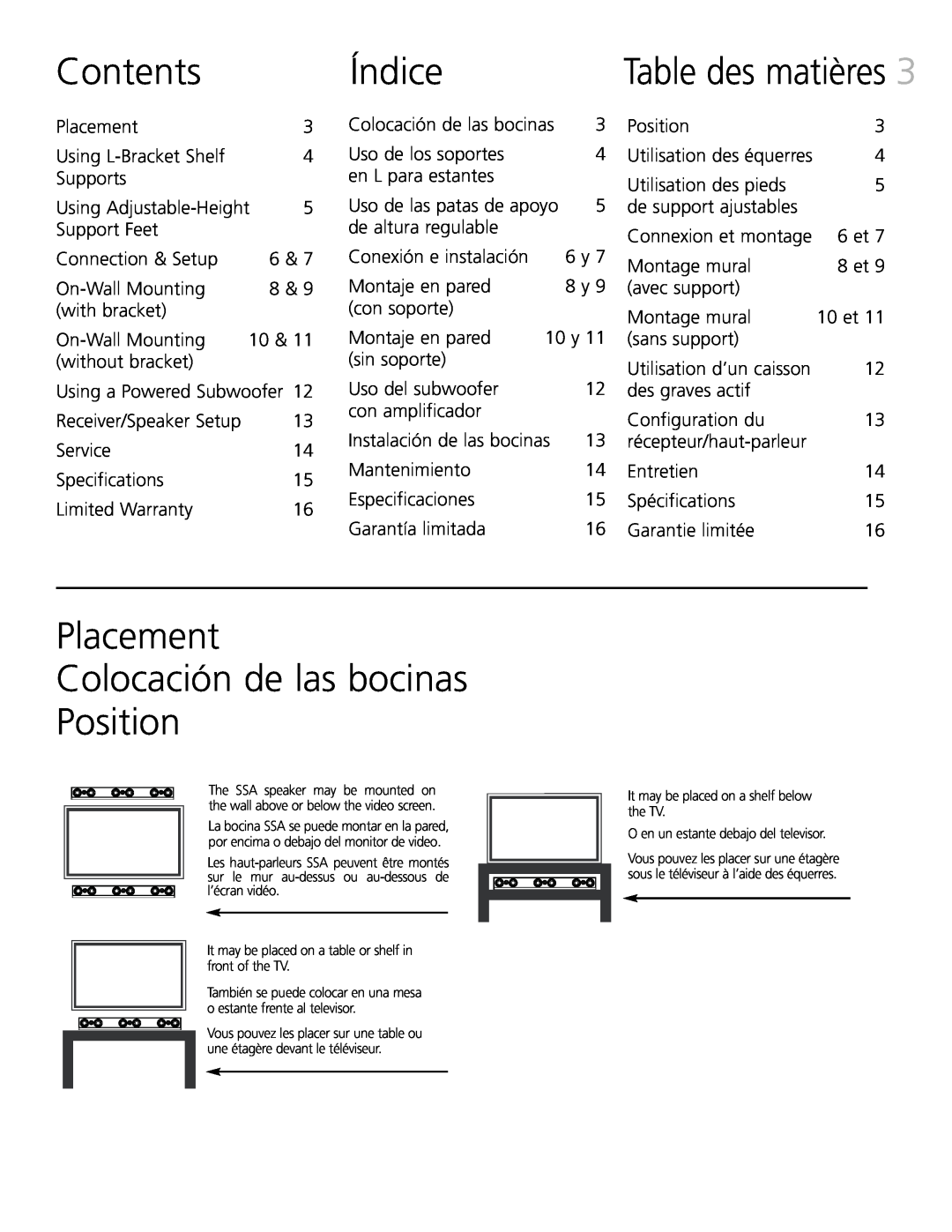 Definitive Technology XTR-SSA3 Contents, Índice, Placement Colocación de las bocinas Position, Table des matières 