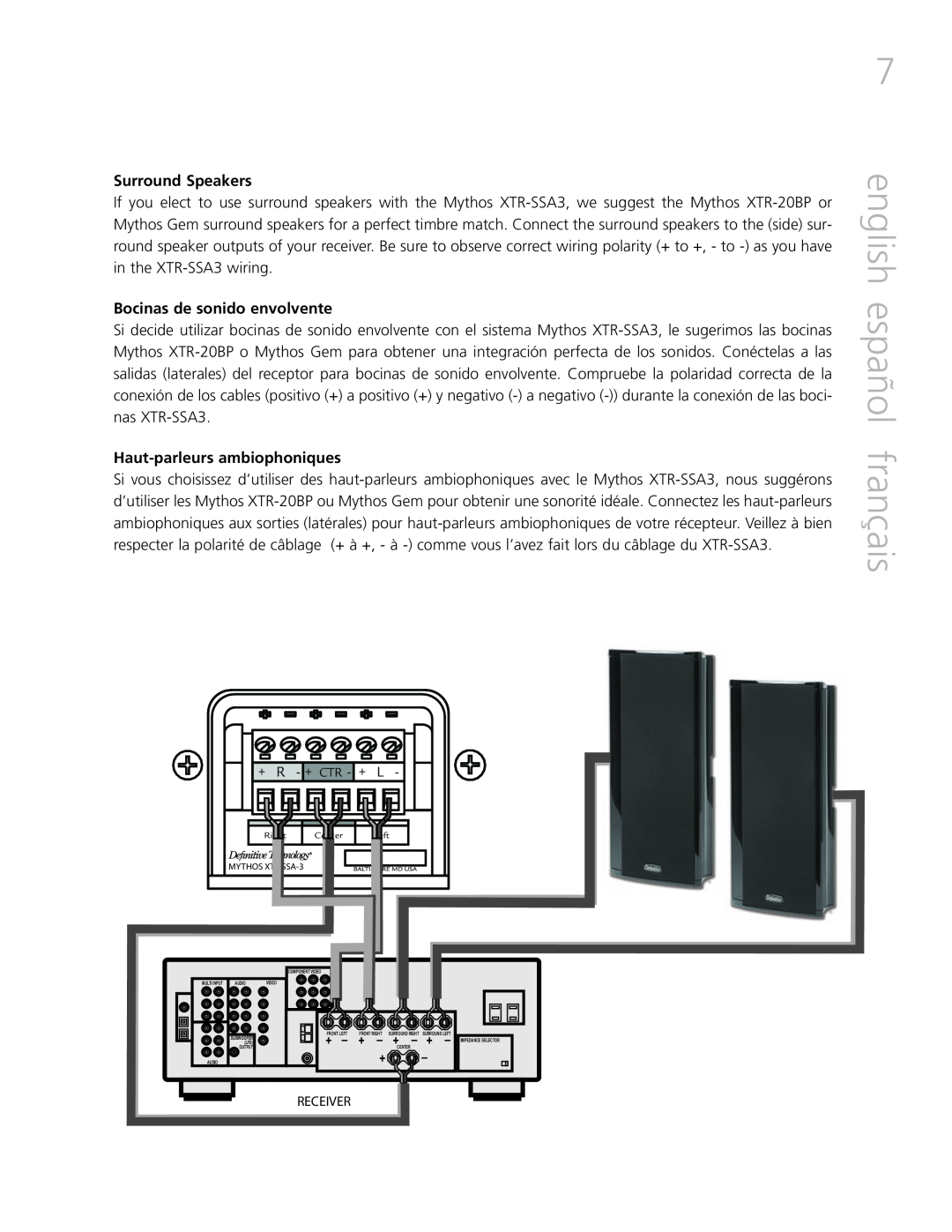 Definitive Technology XTR-SSA3 owner manual english español français, Surround Speakers, Bocinas de sonido envolvente 