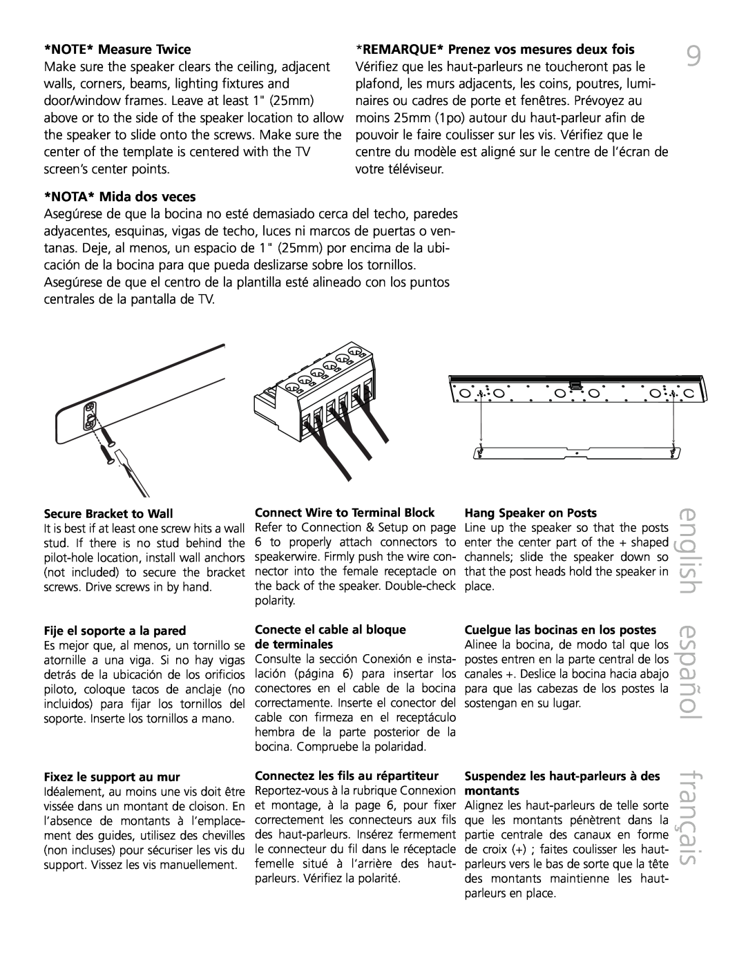 Definitive Technology XTR-SSA3 owner manual english, español, français, NOTE* Measure Twice, NOTA* Mida dos veces 
