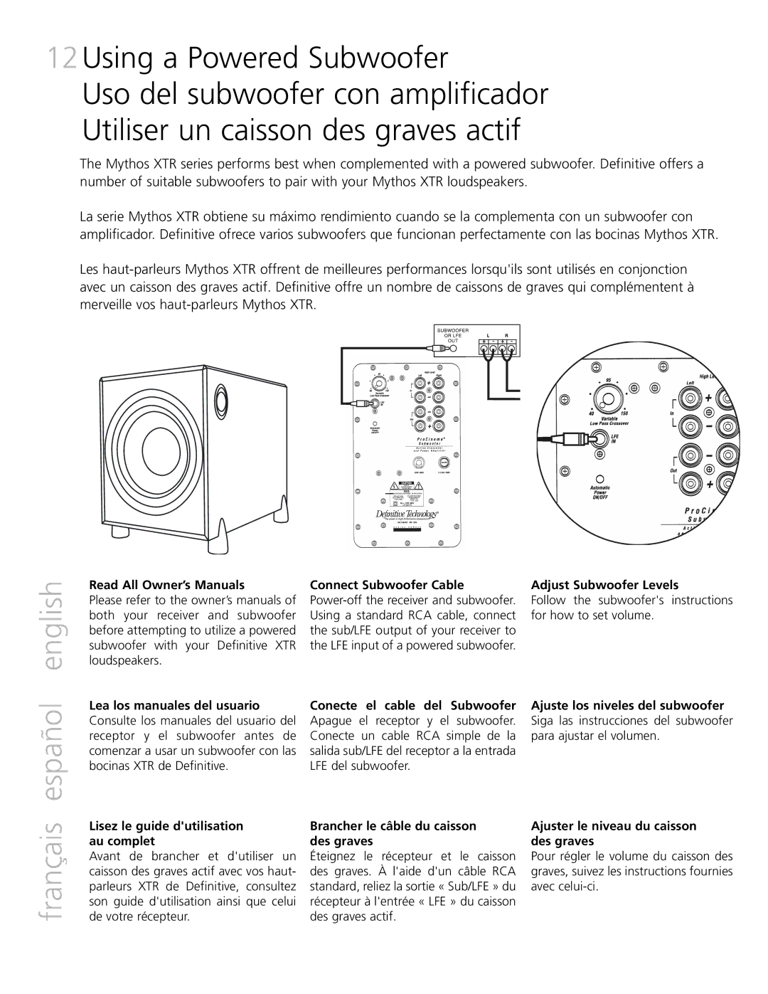 Definitive Technology XTR-SSA5 owner manual Français español, Connect Subwoofer Cable Adjust Subwoofer Levels 