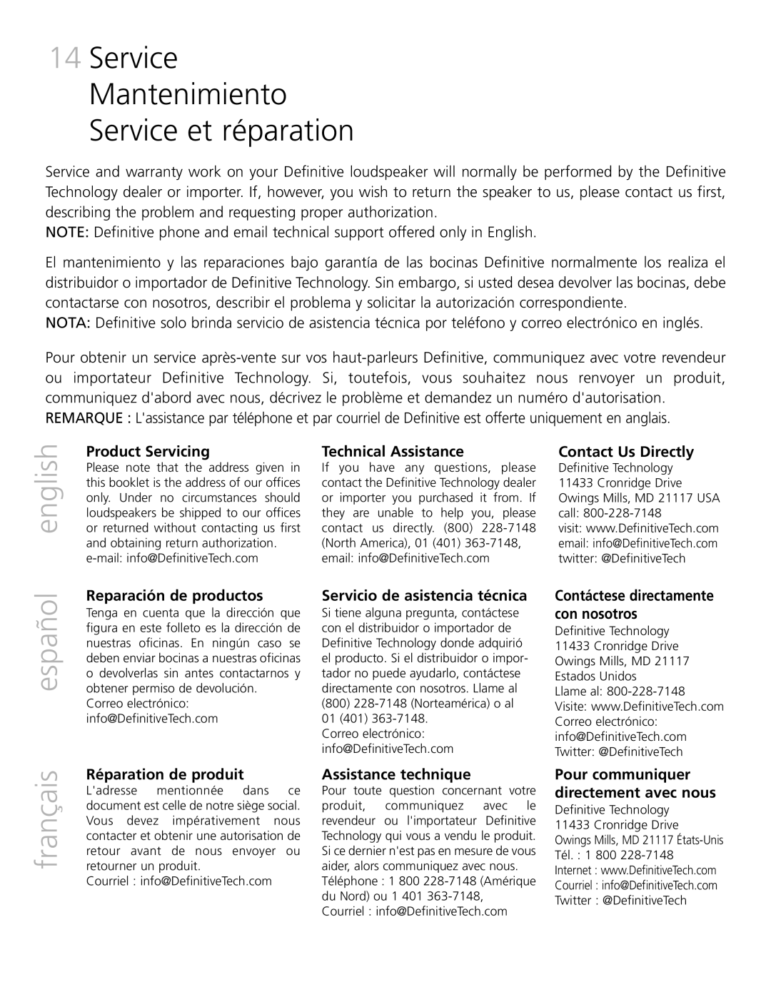 Definitive Technology XTR-SSA5 Service Mantenimiento Service et réparation, Contáctese directamente con nosotros 