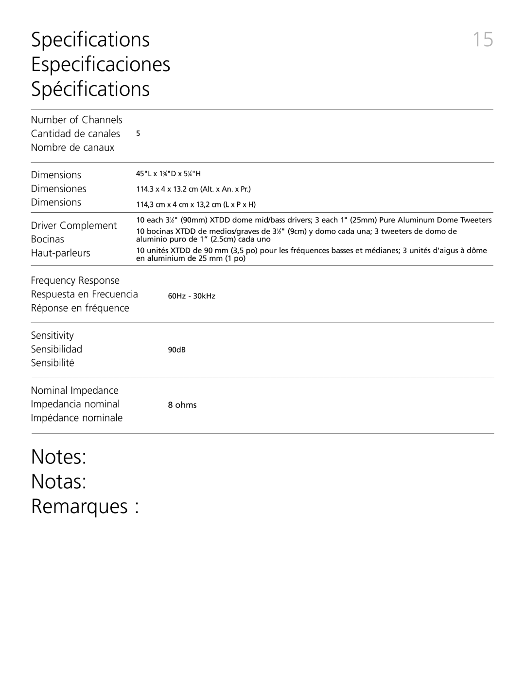 Definitive Technology XTR-SSA5 owner manual Specifications Especificaciones Spécifications 