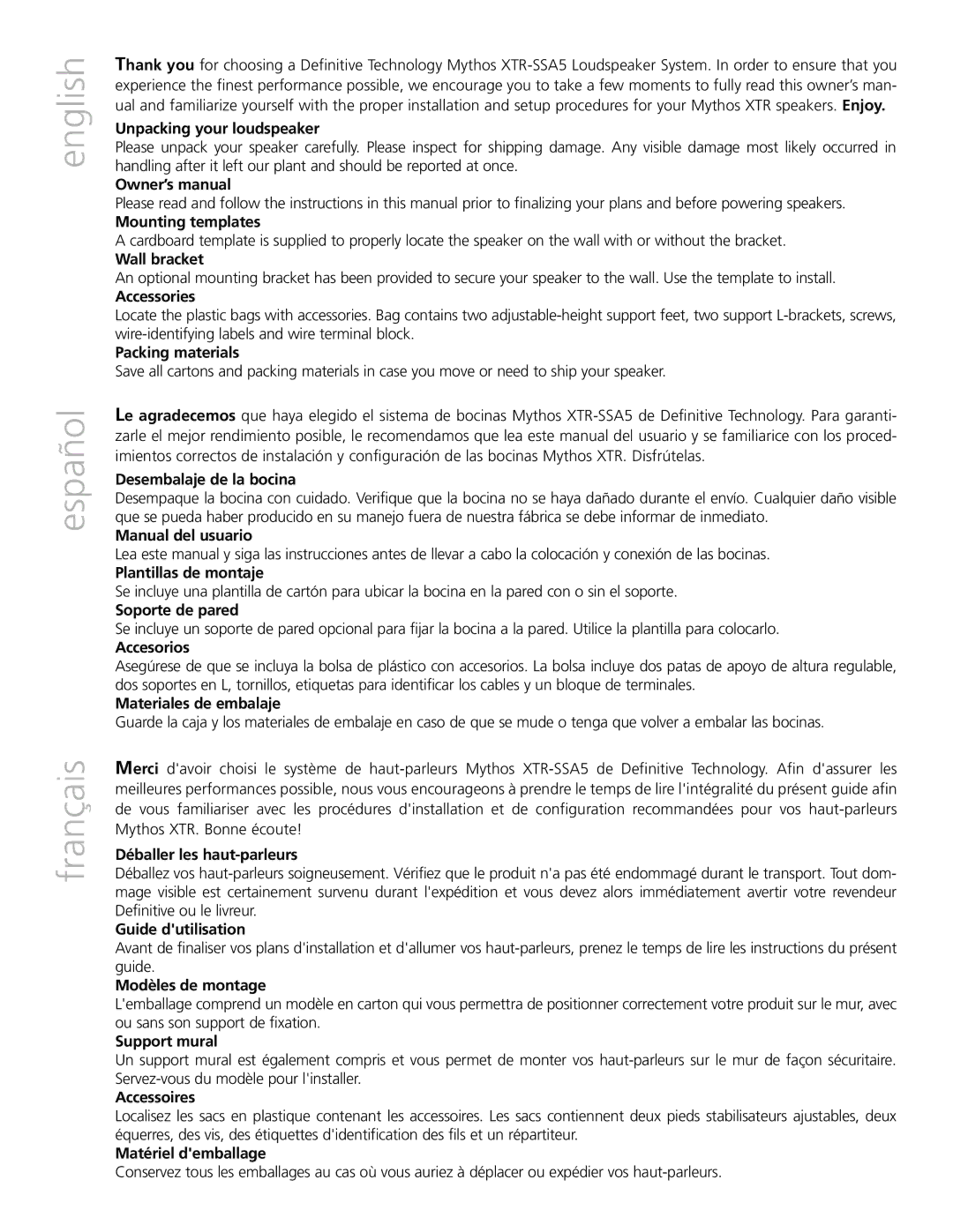 Definitive Technology XTR-SSA5 owner manual English Español, Français 