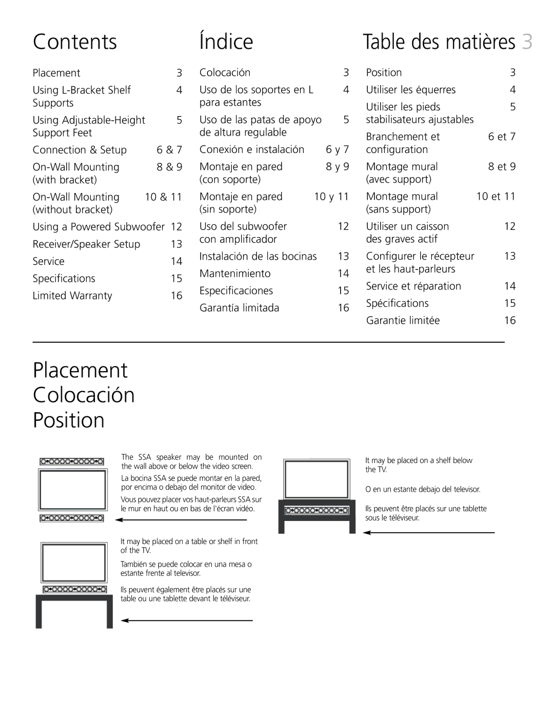 Definitive Technology XTR-SSA5 owner manual Contents Índice 