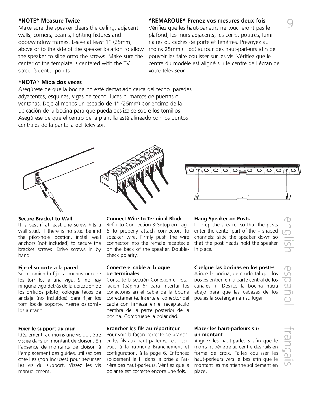 Definitive Technology XTR-SSA5 owner manual Secure Bracket to Wall, Fije el soporte a la pared, Hang Speaker on Posts 