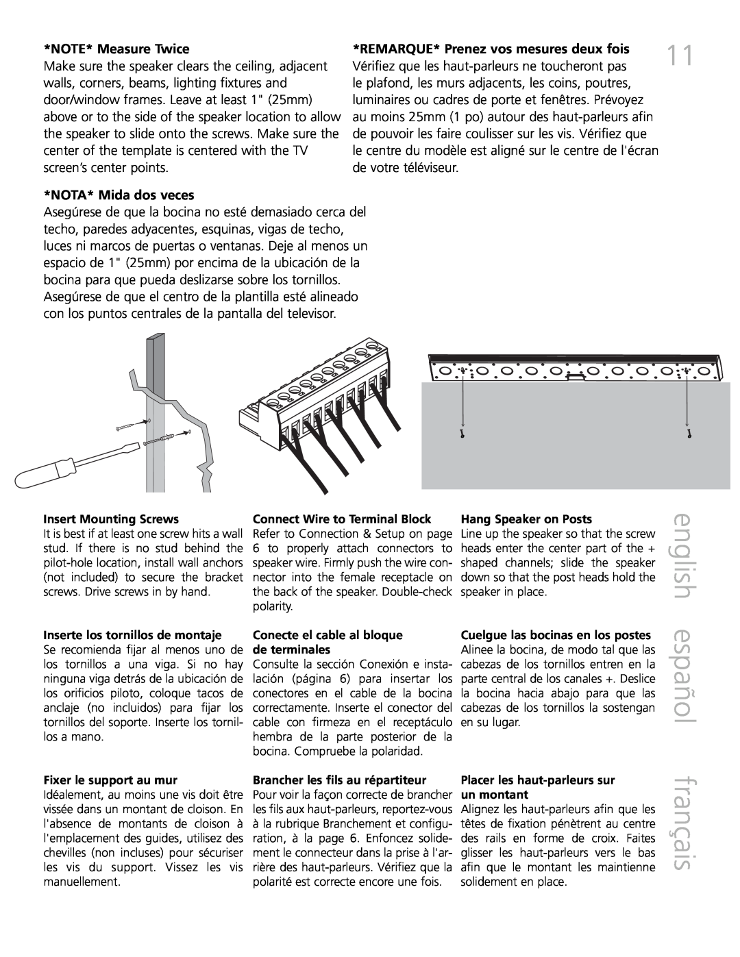 Definitive Technology XTR-SSA5 owner manual english español français, NOTE* Measure Twice, NOTA* Mida dos veces 
