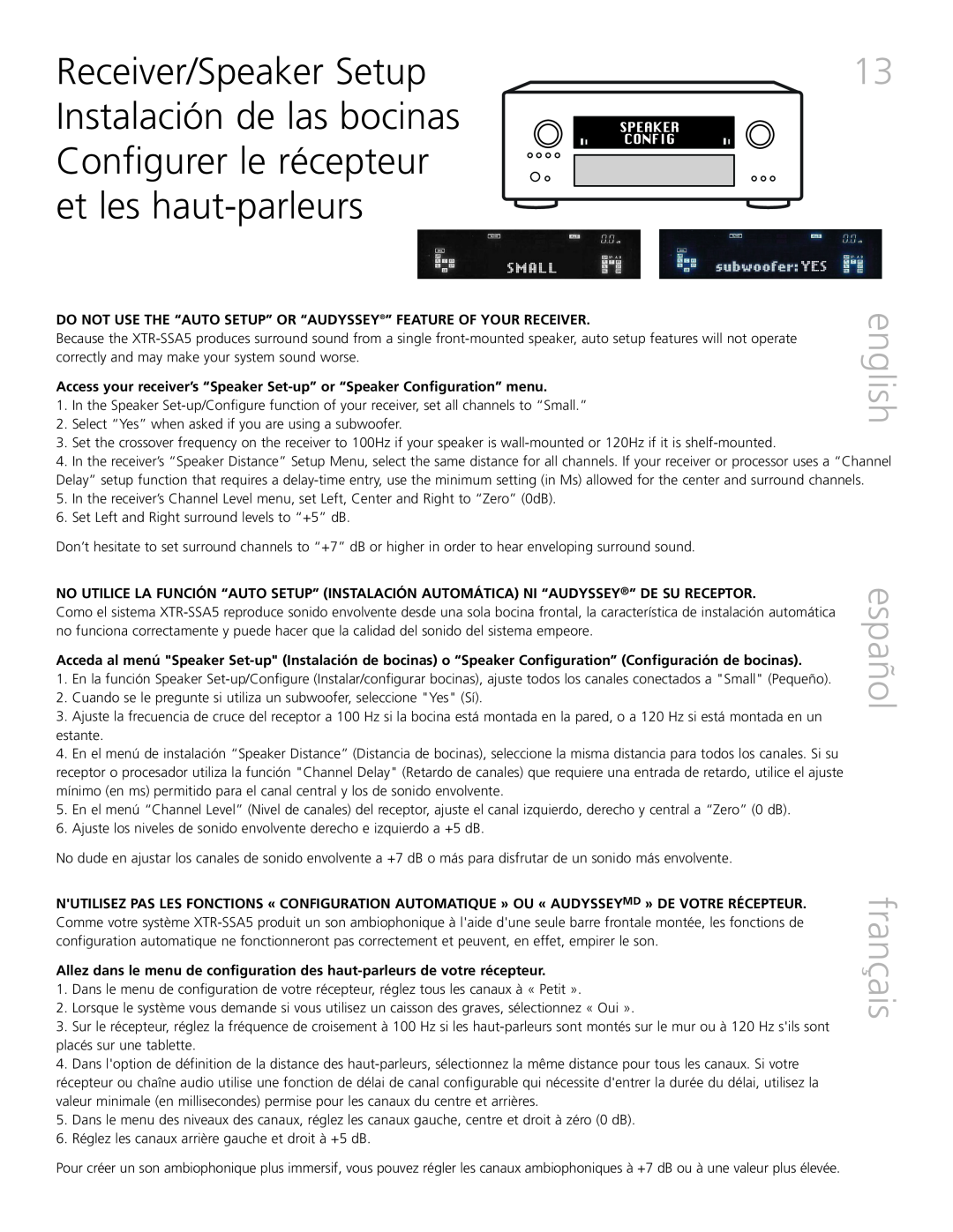 Definitive Technology XTR-SSA5 Receiver/Speaker Setup, Instalación de las bocinas, Configurer le récepteur, español 