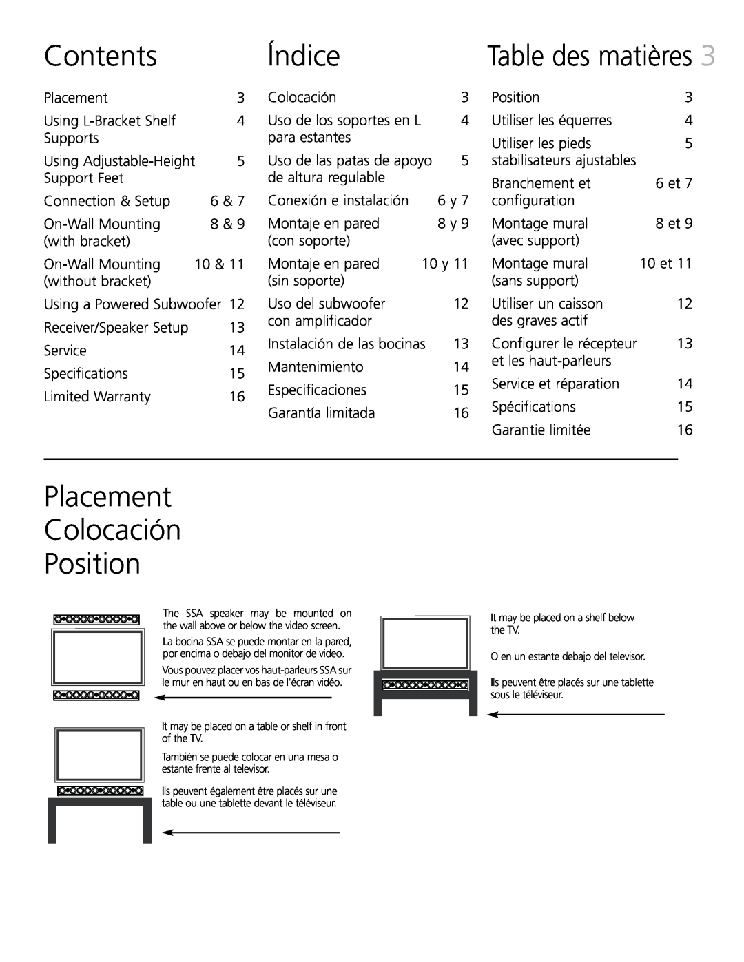 Definitive Technology XTR-SSA5 owner manual Contents, Índice, Placement Colocación Position, Table des matières 
