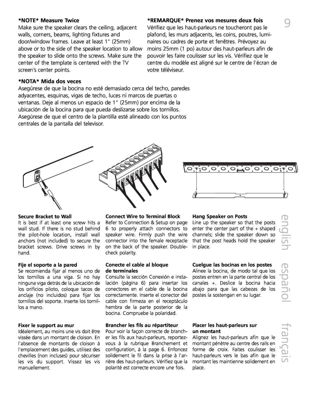Definitive Technology XTR-SSA5 owner manual english español, français, NOTE* Measure Twice, NOTA* Mida dos veces 