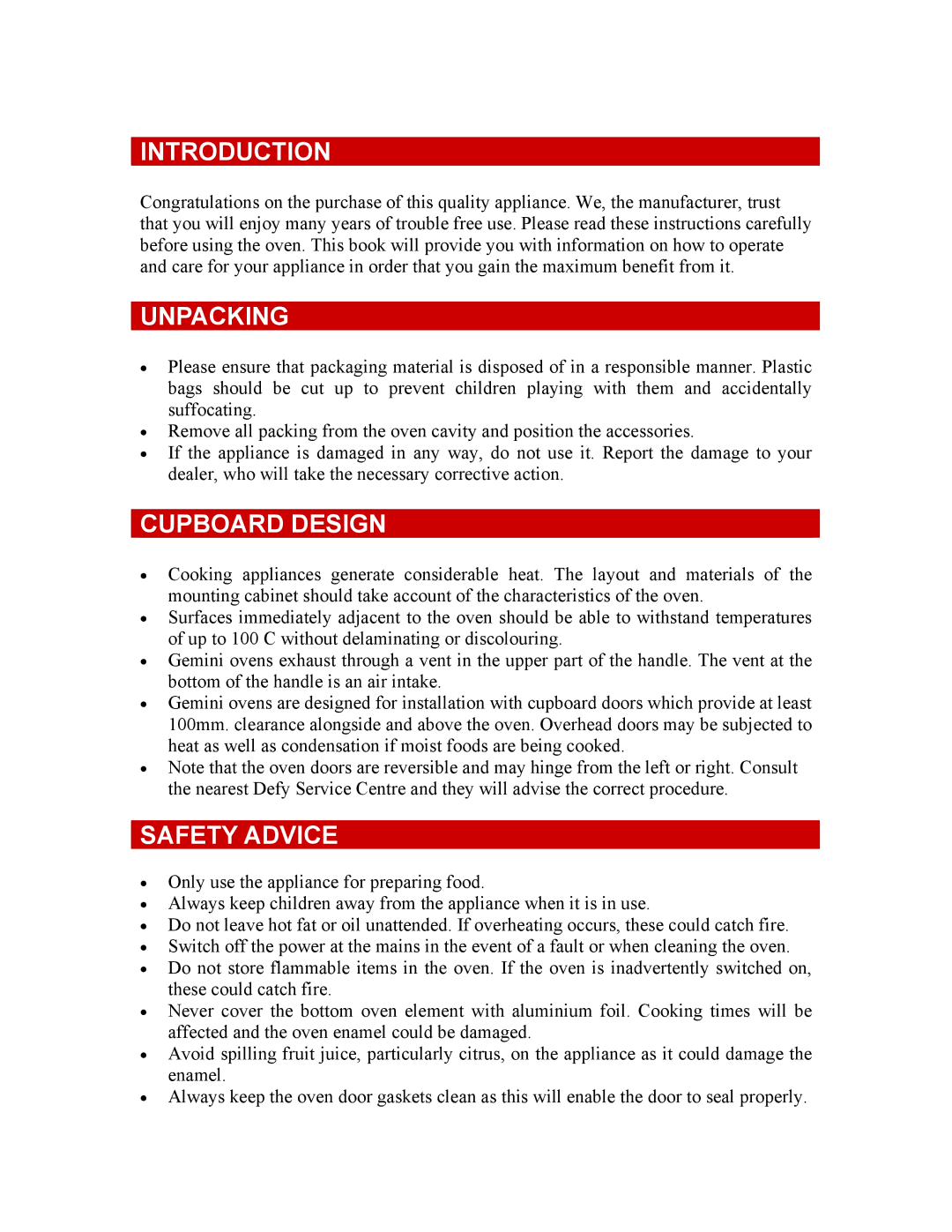 Defy Appliances 061 800 owner manual Introduction, Unpacking, Cupboard Design, Safety Advice 