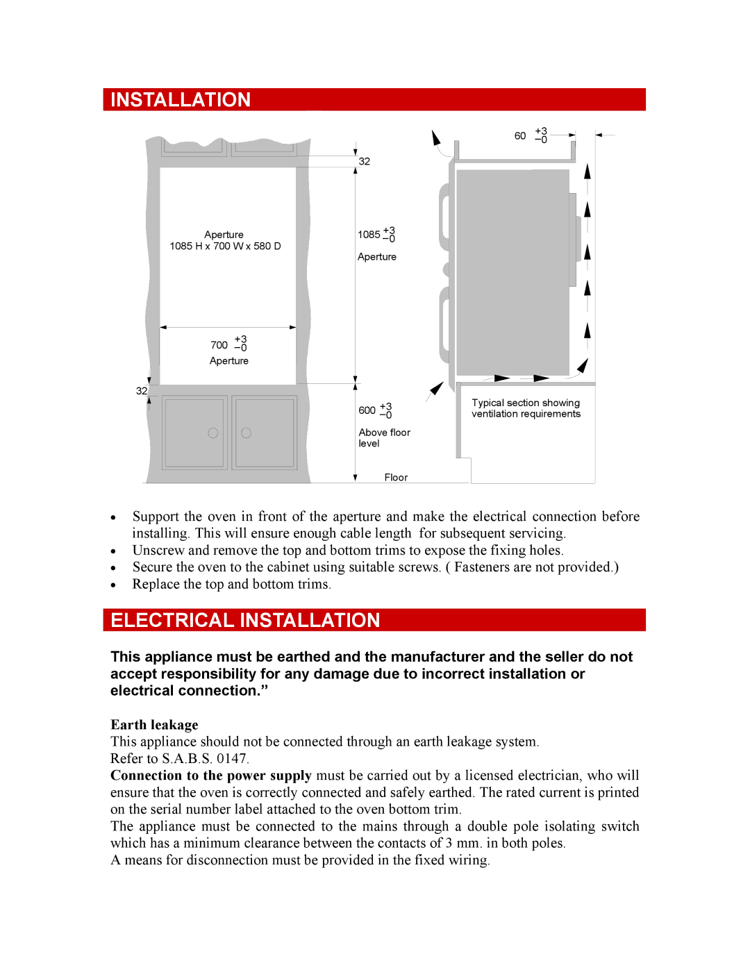 Defy Appliances 061 800 owner manual Electrical Installation, Earth leakage 