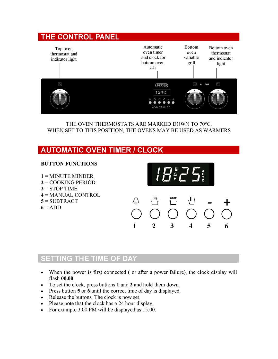 Defy Appliances 061 800 owner manual Control Panel, Automatic Oven Timer / Clock, Setting the Time of DAY 