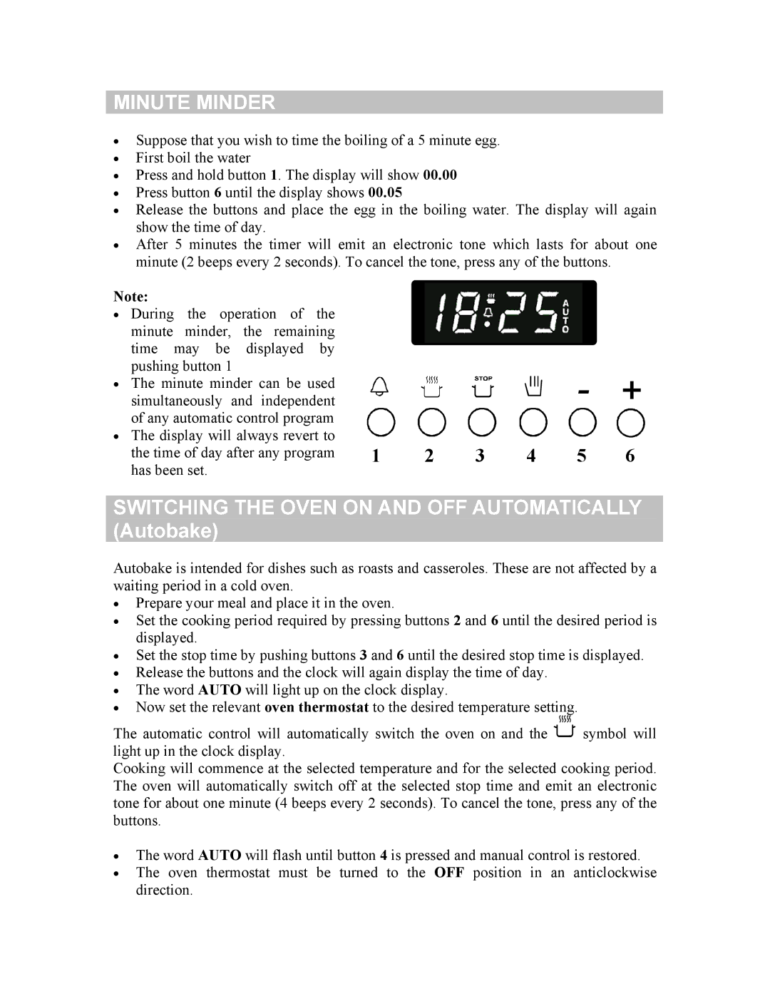 Defy Appliances 061 800 owner manual Minute Minder, Switching the Oven on and OFF Automatically Autobake 