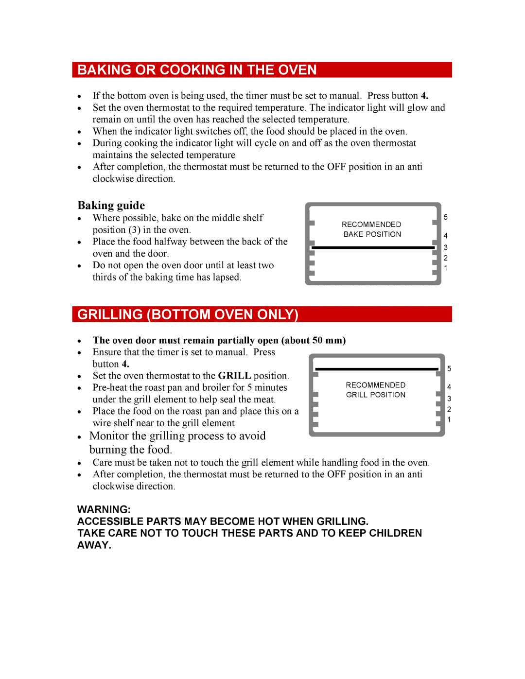 Defy Appliances 061 800 owner manual Baking or Cooking in the Oven, Grilling Bottom Oven only 