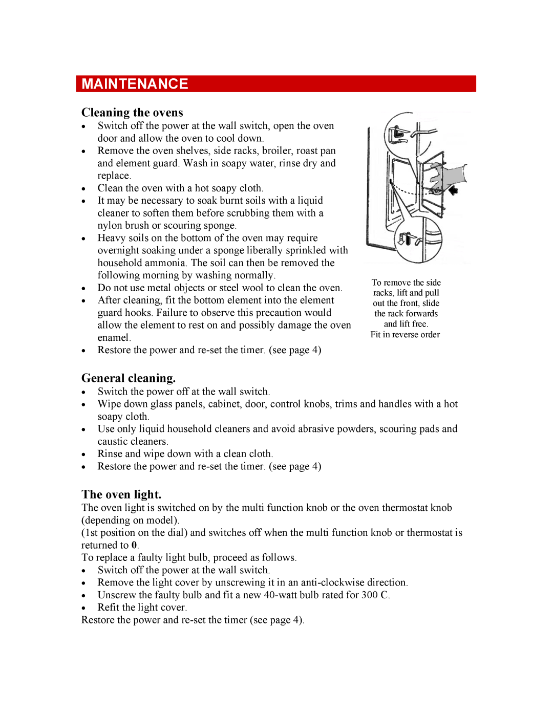 Defy Appliances 061 800 owner manual Maintenance, Cleaning the ovens 