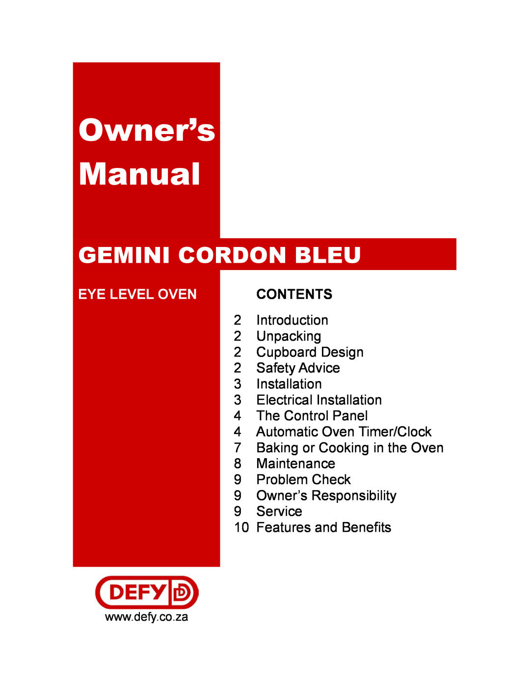 Defy Appliances 061 800 owner manual Eye Level Oven, Contents, Gemini Cordon Bleu, Features and Benefits 