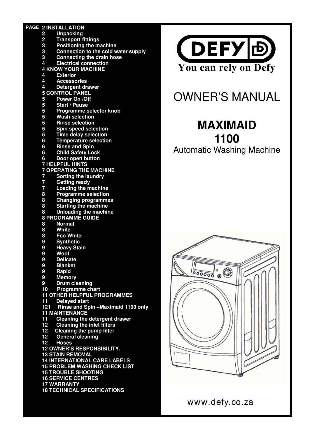 Defy Appliances 1100 owner manual 