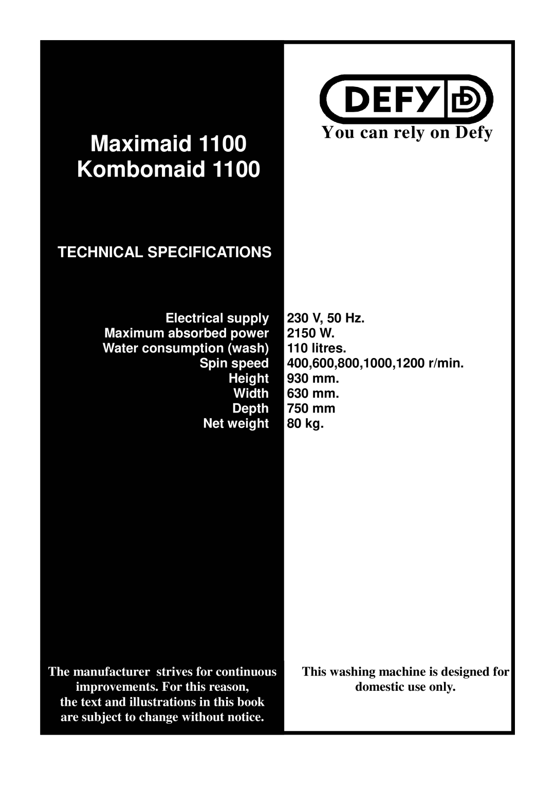 Defy Appliances 1100 owner manual 