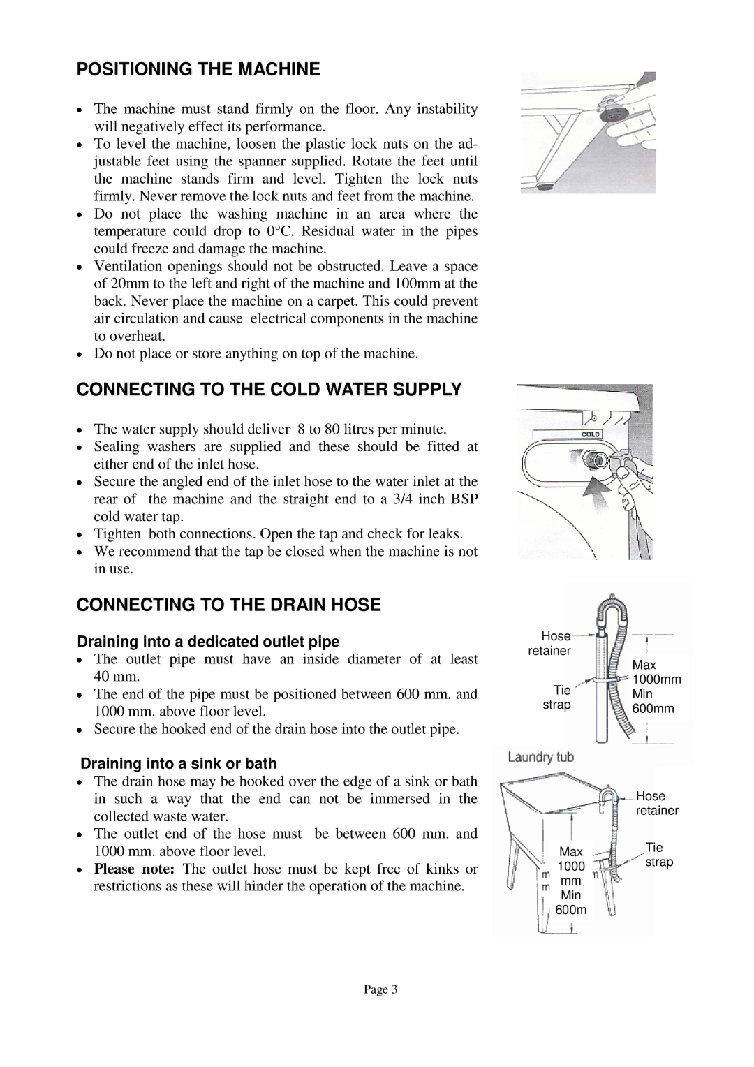 Defy Appliances 1100 owner manual Positioning the Machine 