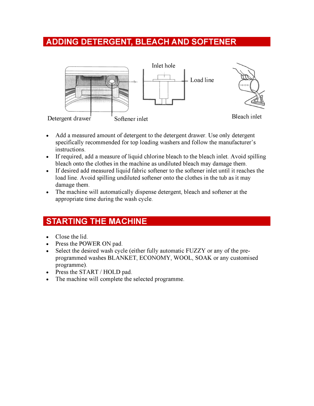 Defy Appliances 1100 owner manual Adding DETERGENT, Bleach and Softener, Starting the Machine 