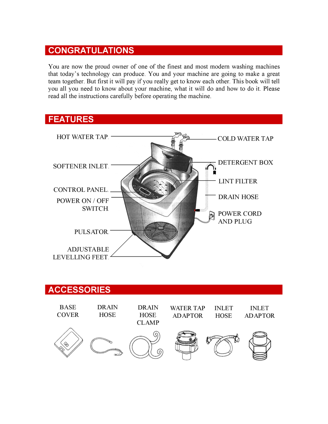 Defy Appliances 1100 owner manual Congratulations, Features, Accessories 