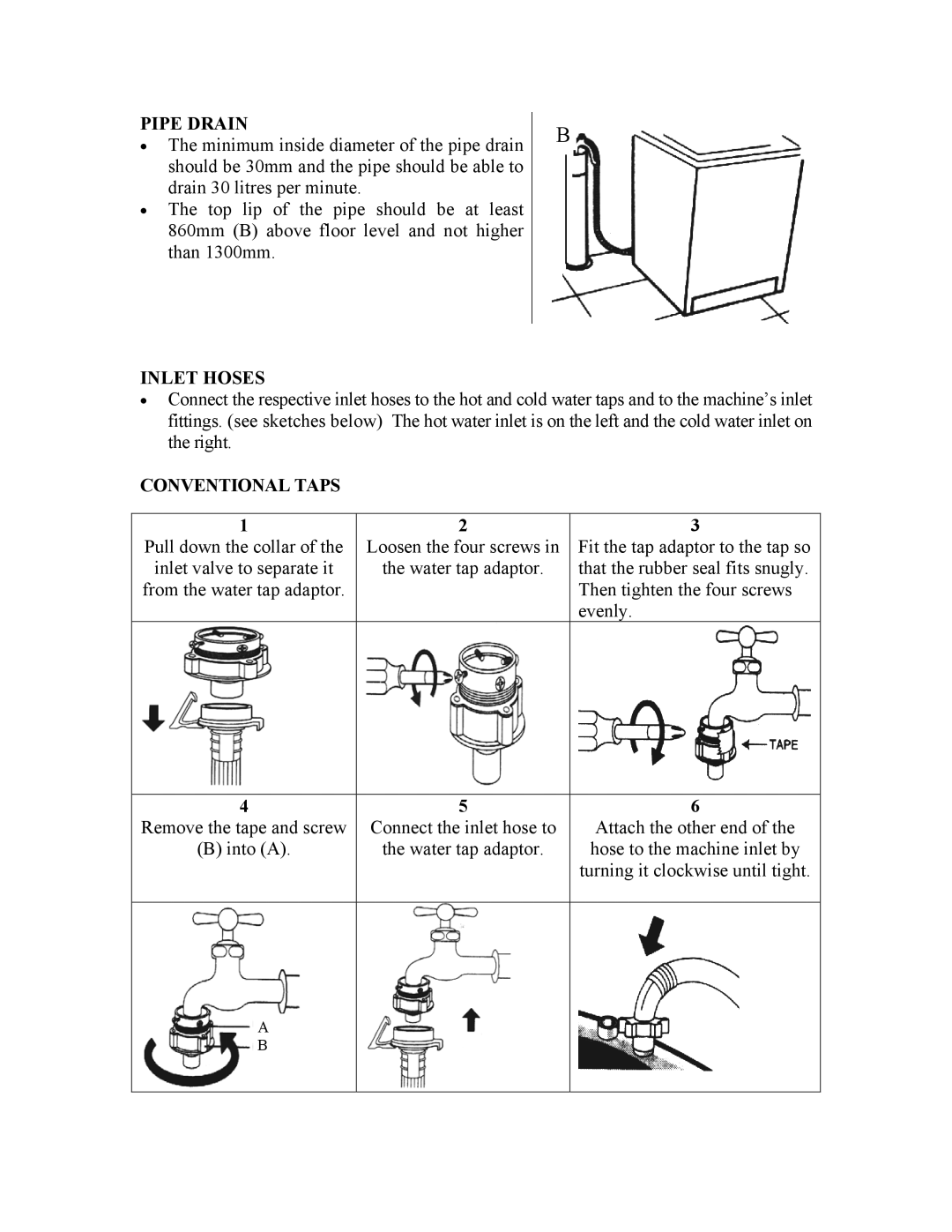 Defy Appliances 1100 owner manual Pipe Drain, Inlet Hoses, Conventional Taps 