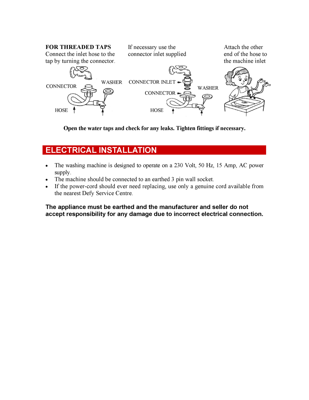 Defy Appliances 1100 owner manual Electrical Installation, For Threaded Taps 