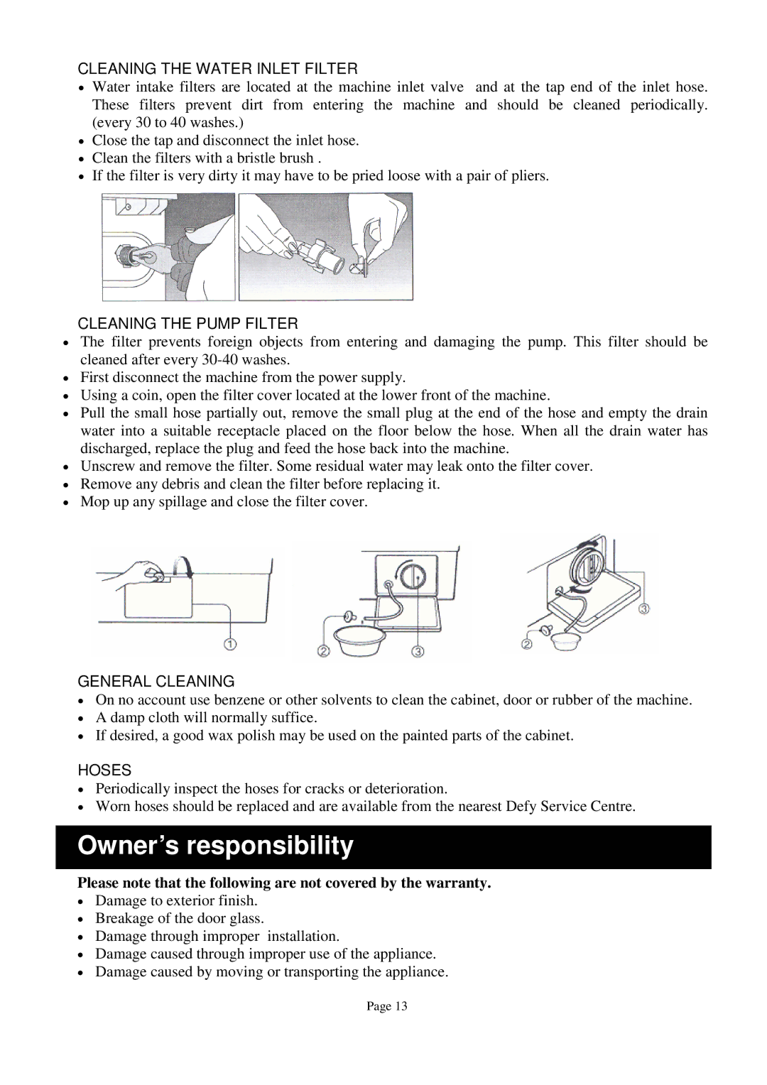 Defy Appliances 1100 Owner’s responsibility, Cleaning the Water Inlet Filter, Cleaning the Pump Filter, General Cleaning 