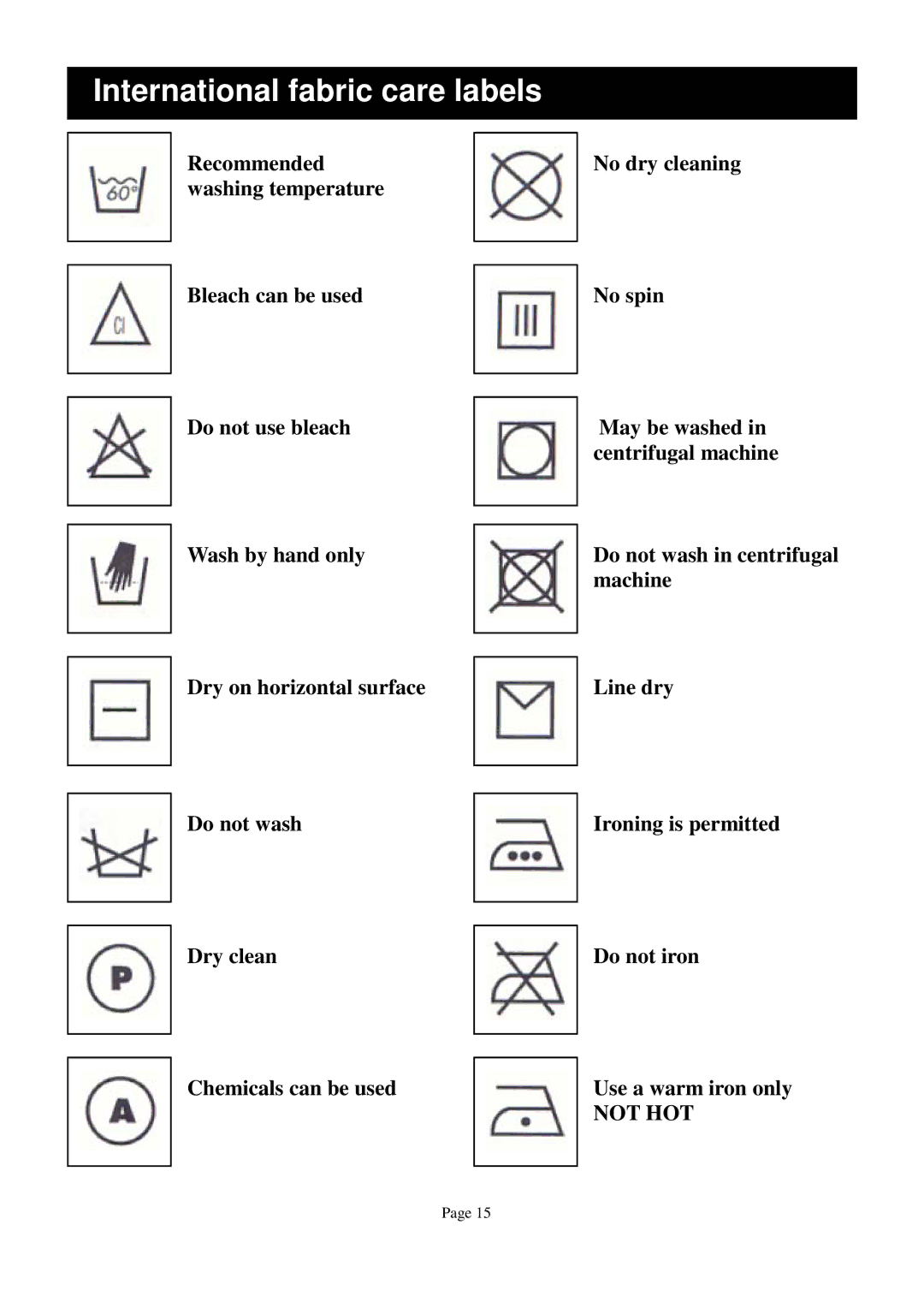 Defy Appliances 1100 owner manual International fabric care labels 