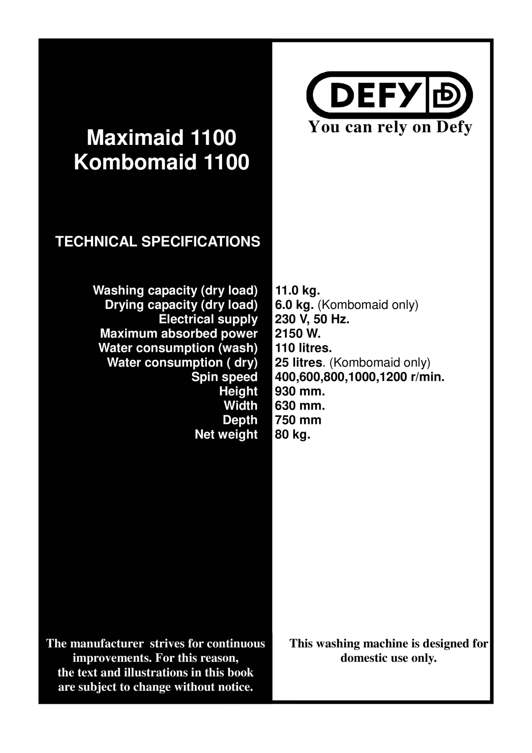 Defy Appliances 1100 owner manual 