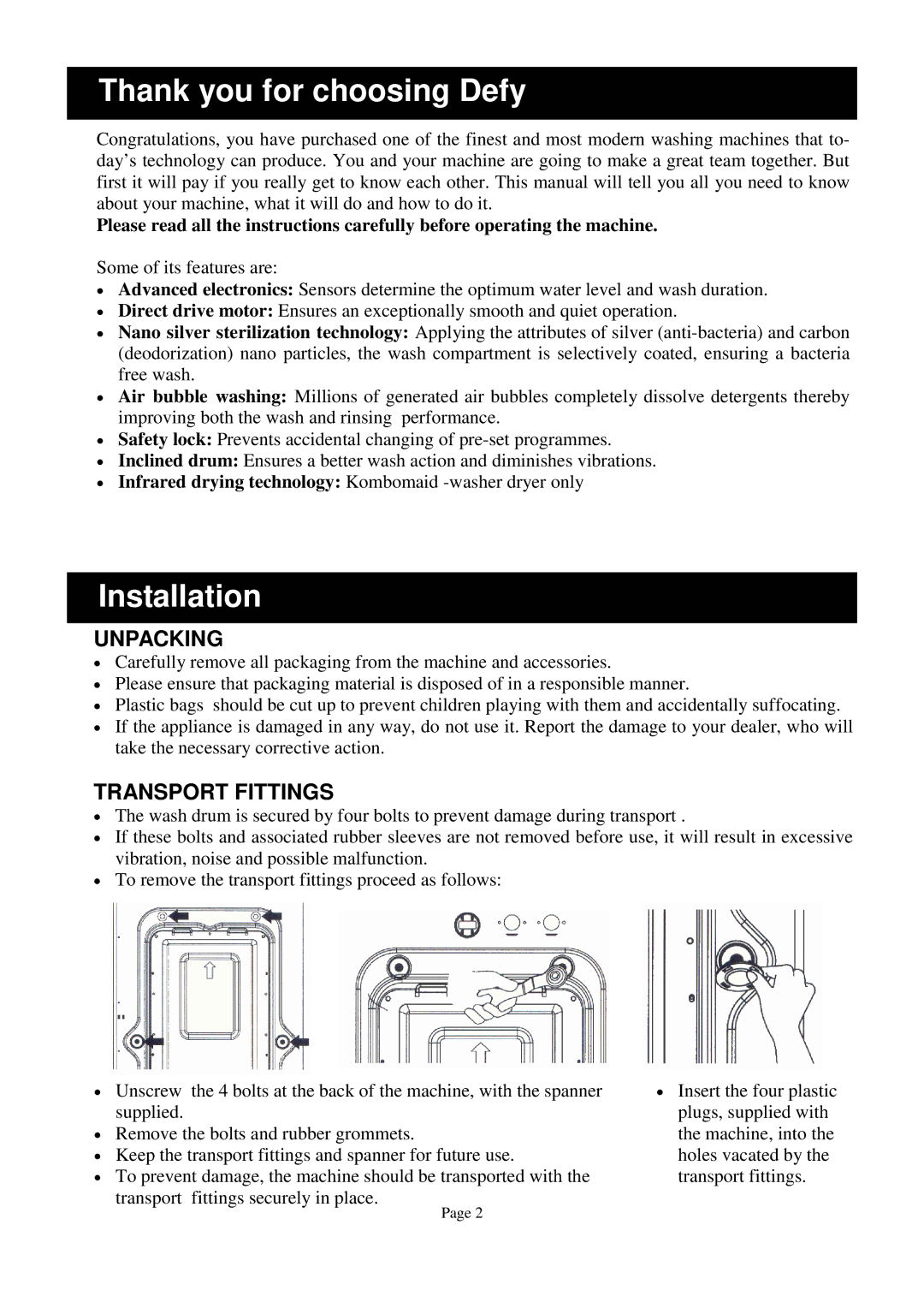 Defy Appliances 1100 owner manual Thank you for choosing Defy, Installation 