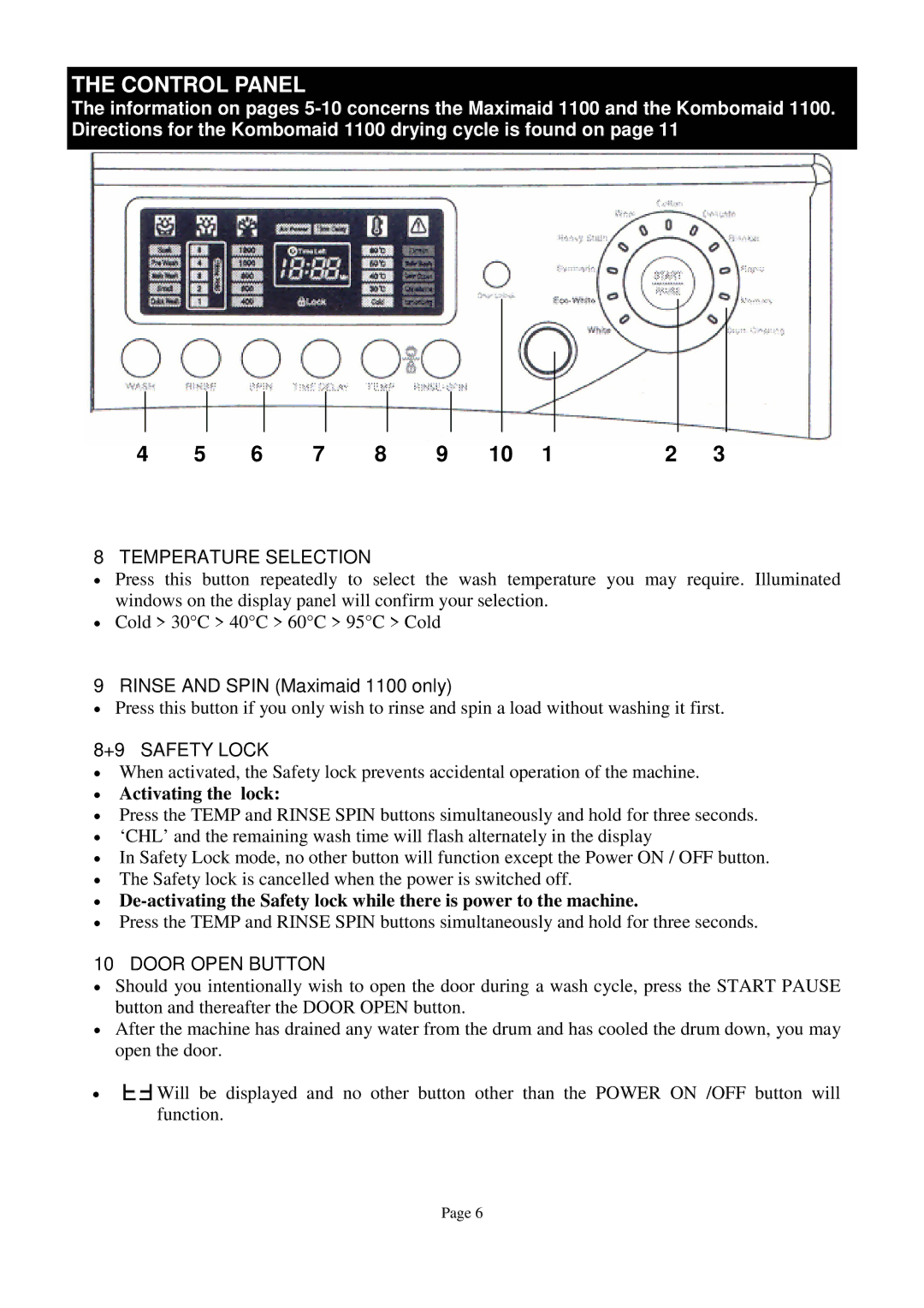 Defy Appliances 1100 owner manual Temperature Selection, +9 Safety Lock, Door Open Button 