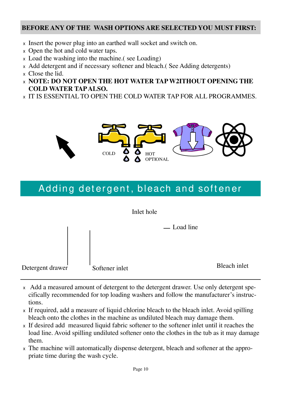 Defy Appliances 1300 Adding detergent, bleach and softener, Before ANY of the Wash Options are Selected YOU Must First 