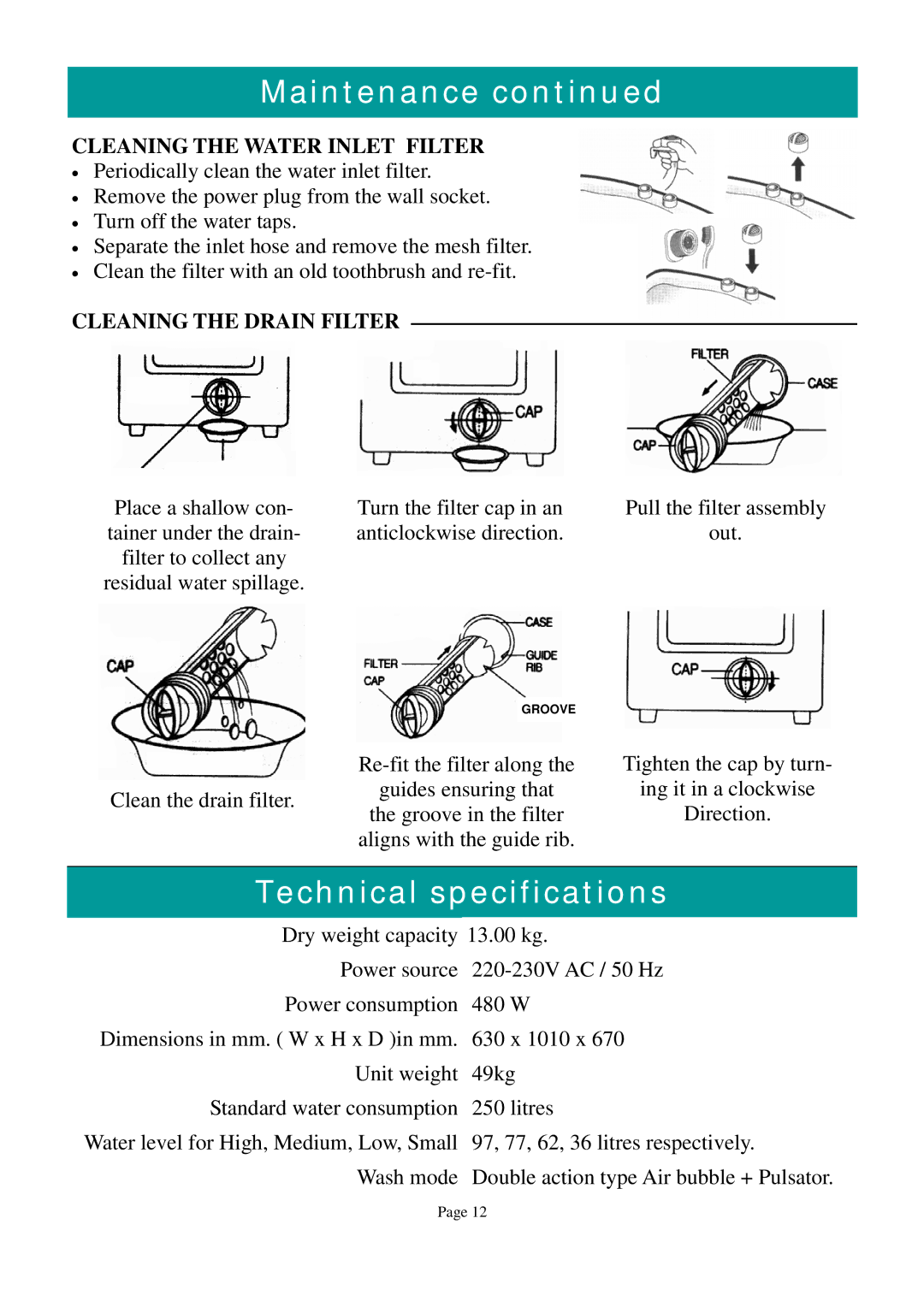 Defy Appliances 1300 owner manual Technical specifications, Cleaning the Water Inlet Filter, Cleaning the Drain Filter 