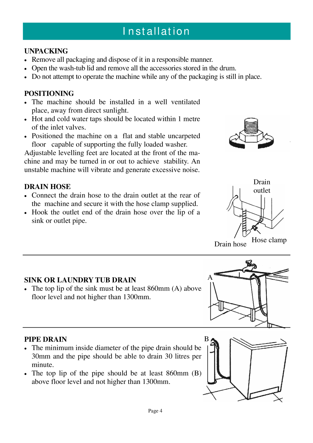 Defy Appliances 1300 owner manual Installation 