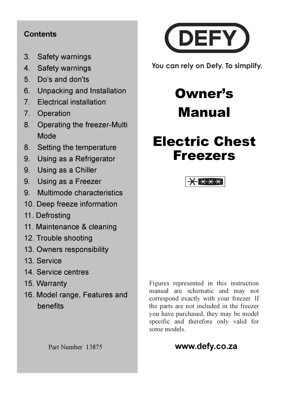 Defy Appliances 13875 owner manual OWNER’S Manual Electric Chest Freezers, Contents 