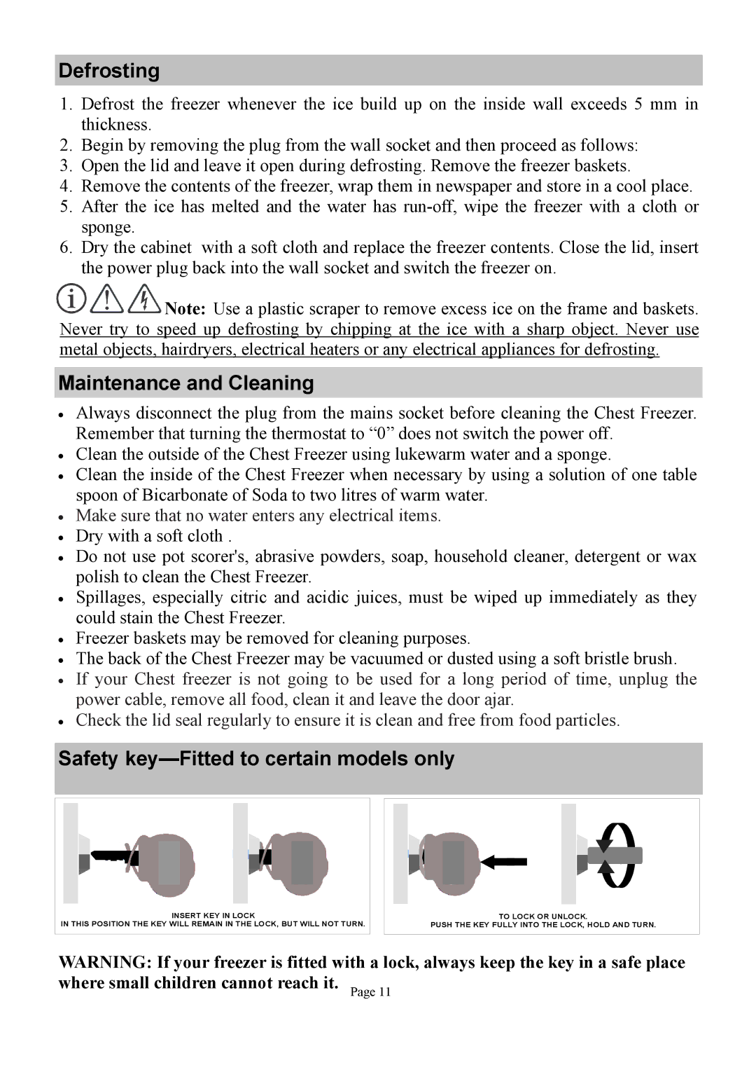 Defy Appliances 13875 owner manual Defrosting, Maintenance and Cleaning, Safety key-Fitted to certain models only 