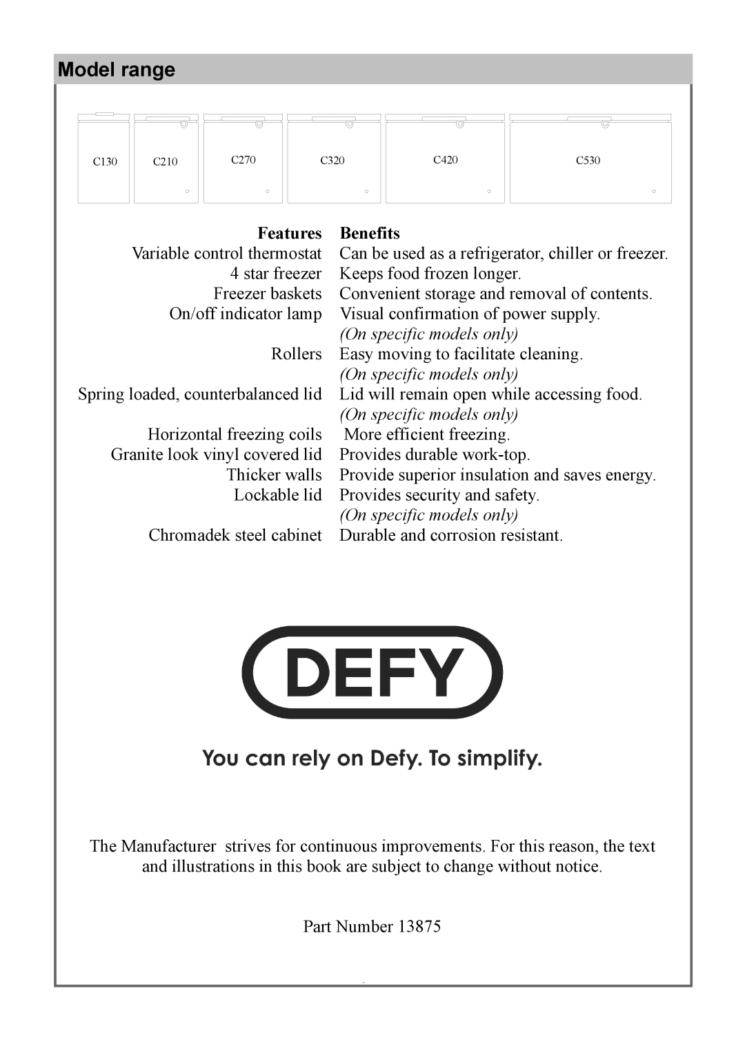 Defy Appliances 13875 owner manual Model range, Features Benefits 