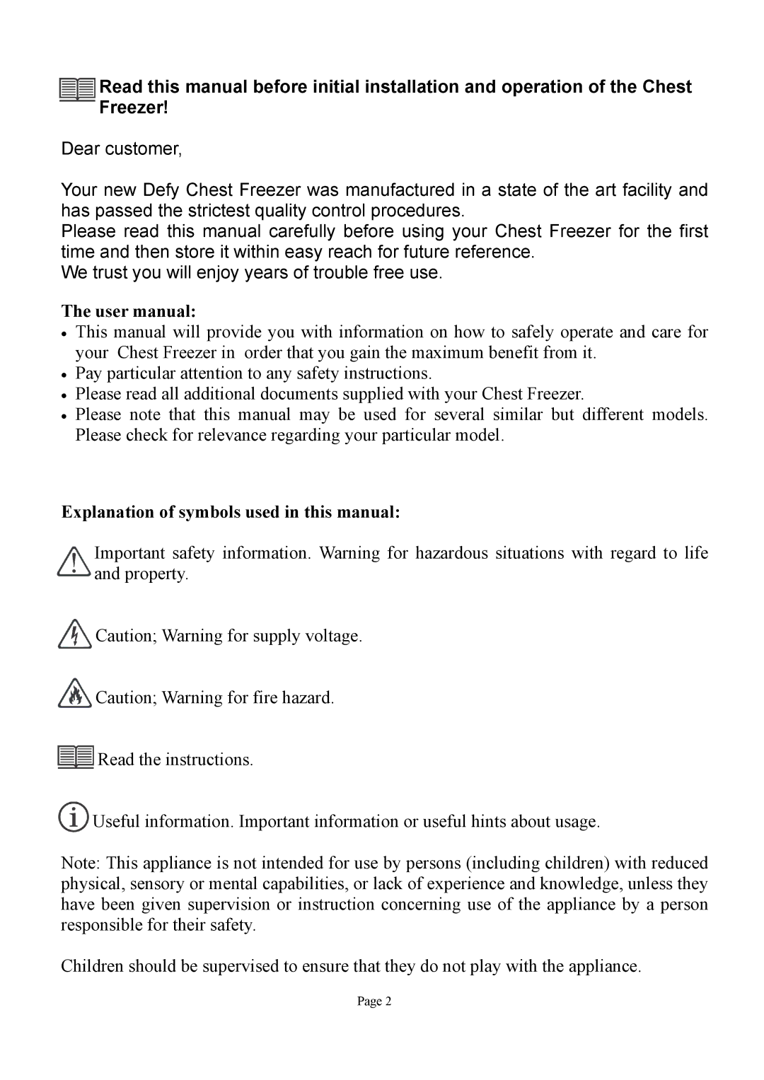 Defy Appliances 13875 owner manual Explanation of symbols used in this manual 