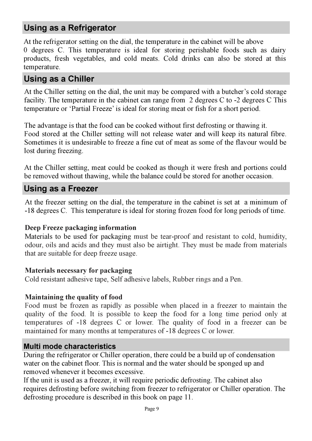 Defy Appliances 13875 owner manual Using as a Refrigerator, Using as a Chiller, Using as a Freezer 