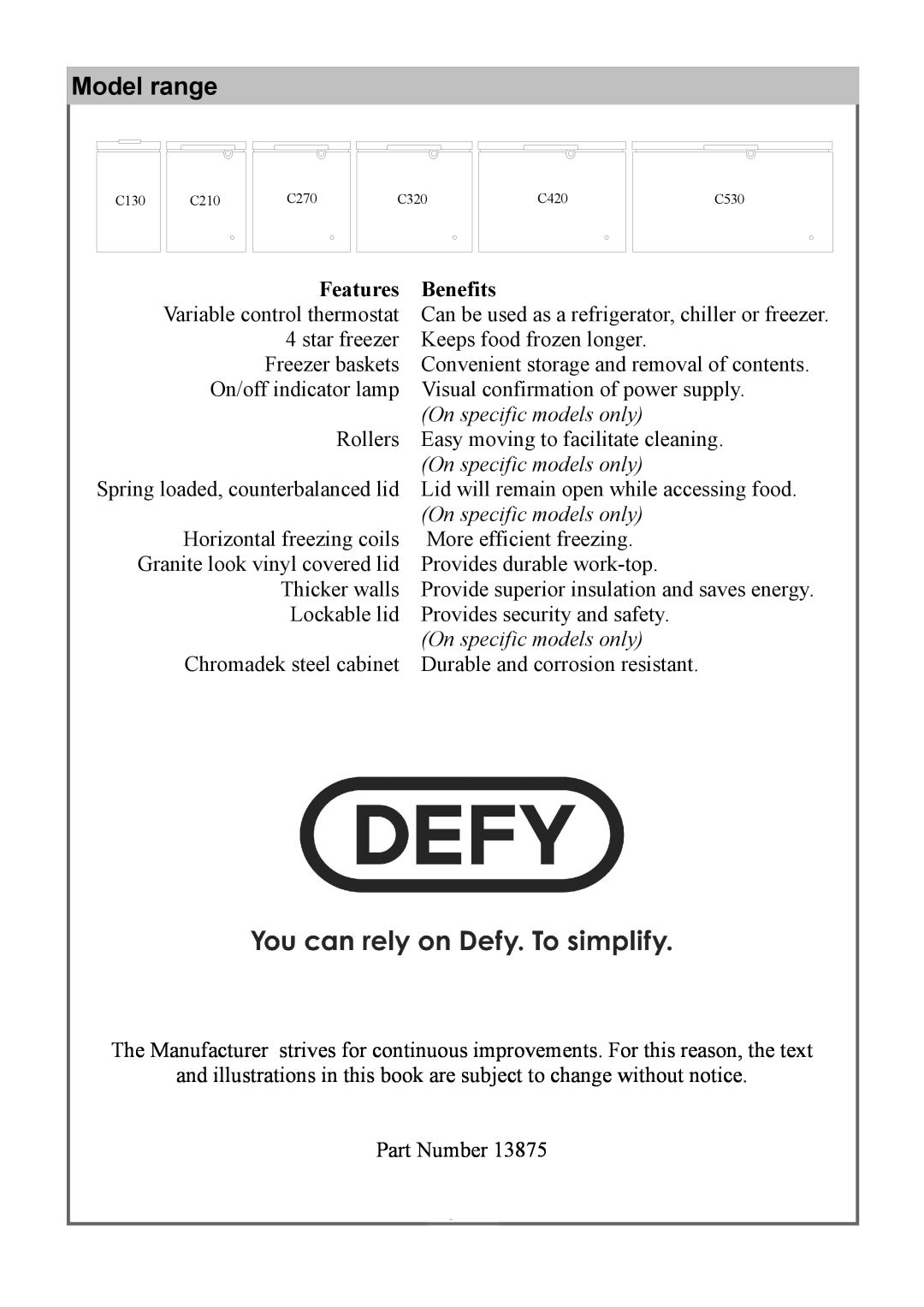 Defy Appliances 13875 owner manual Model range, On specific models only 