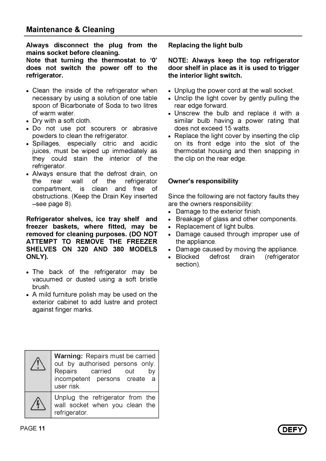 Defy Appliances 14875 instruction manual Maintenance & Cleaning, Replacing the light bulb, Owner’s responsibility 