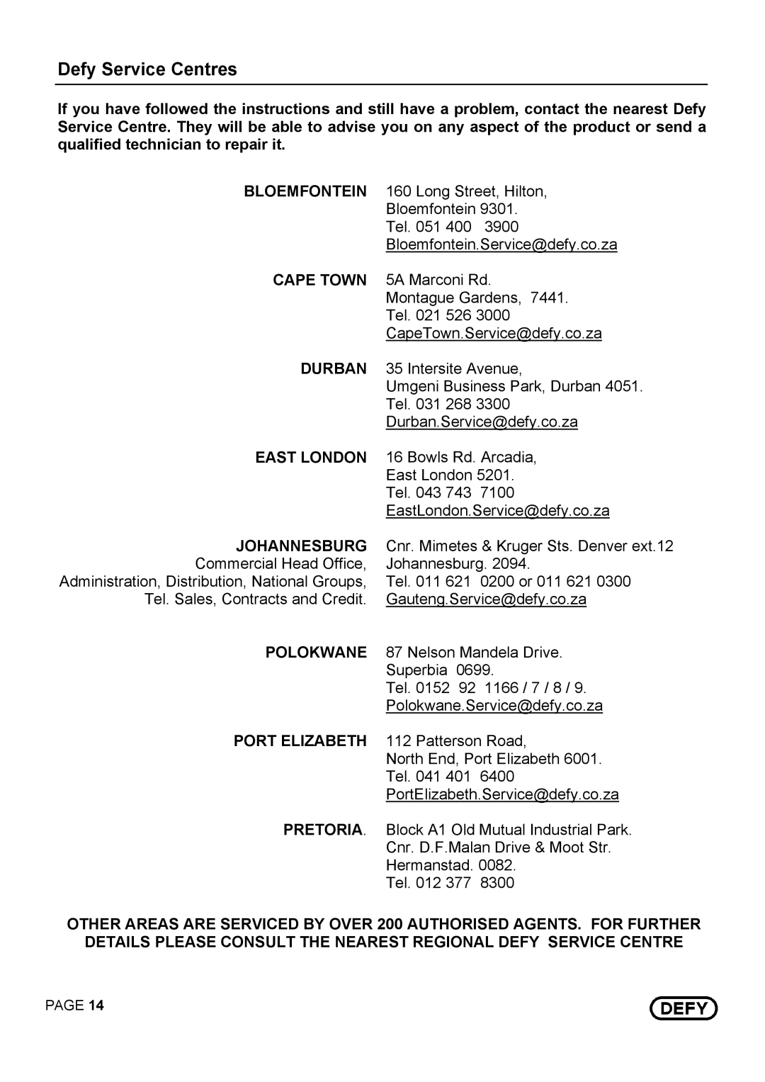 Defy Appliances 14875 instruction manual Defy Service Centres, Johannesburg 