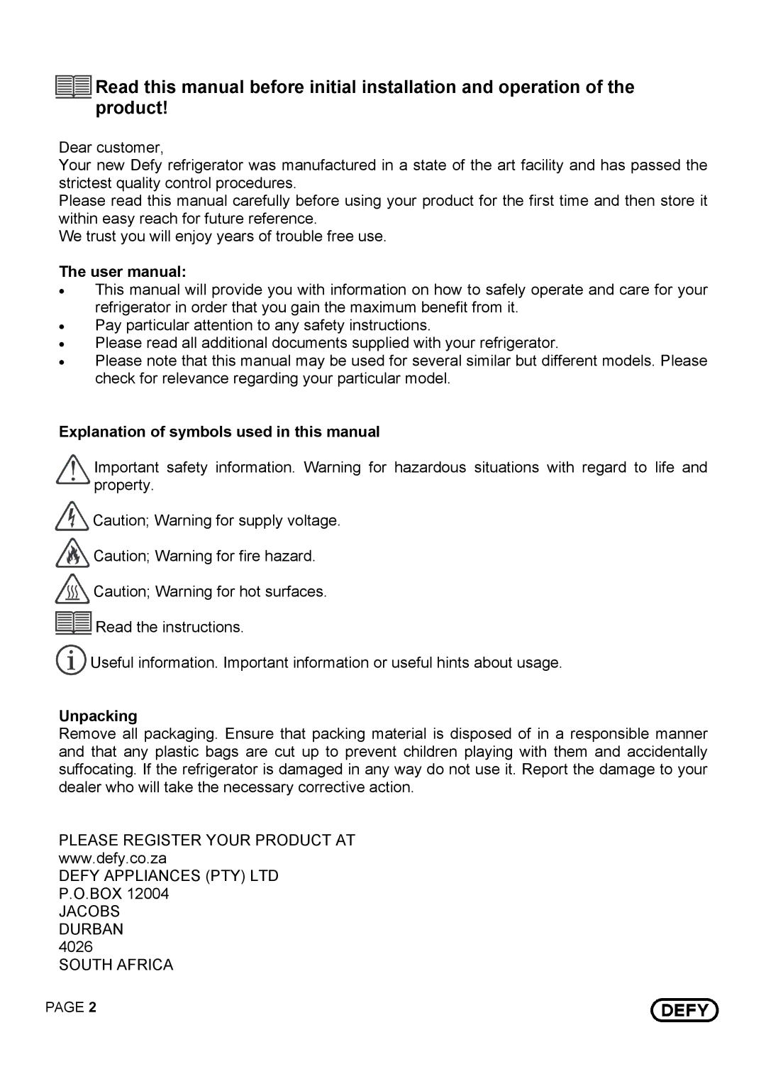 Defy Appliances 14875 instruction manual Explanation of symbols used in this manual, Unpacking 