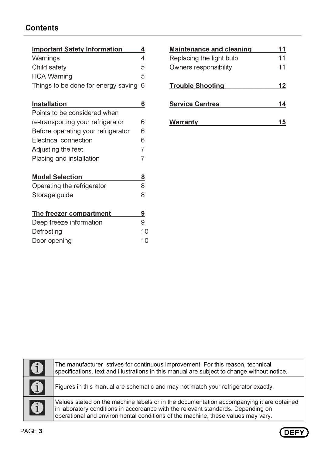 Defy Appliances 14875 instruction manual Contents 