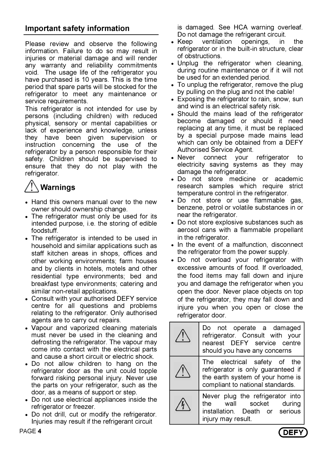 Defy Appliances 14875 instruction manual Important safety information 