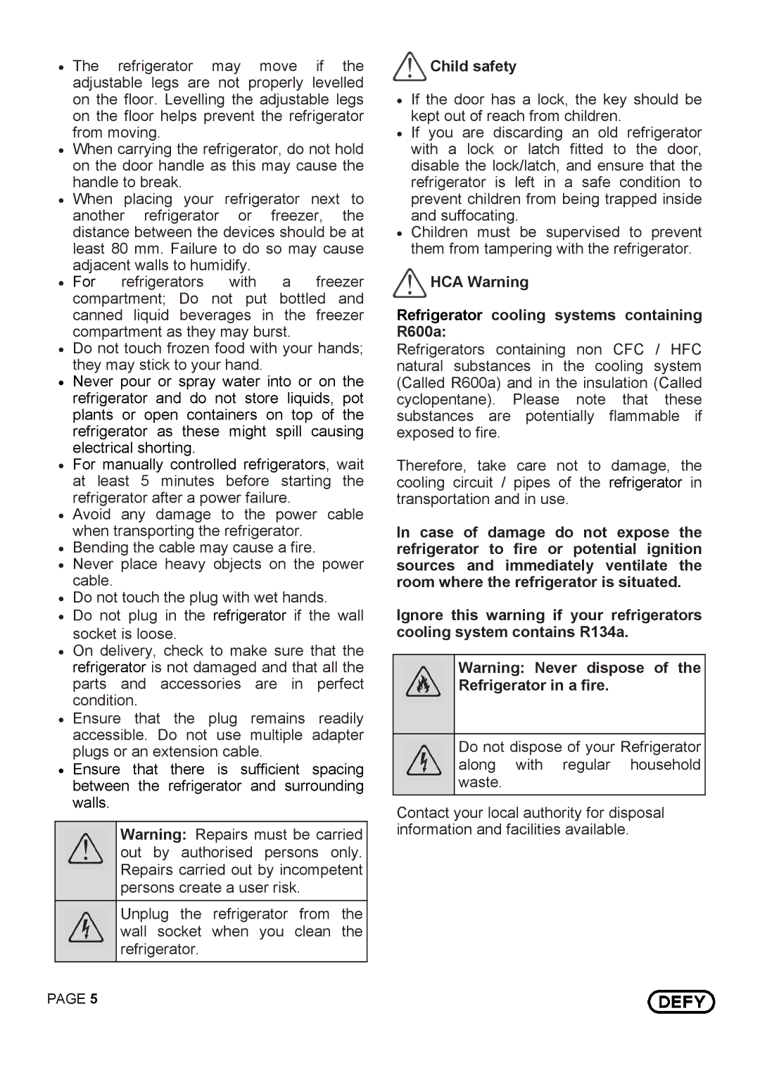 Defy Appliances 14875 instruction manual Child safety, HCA Warning Refrigerator cooling systems containing R600a 