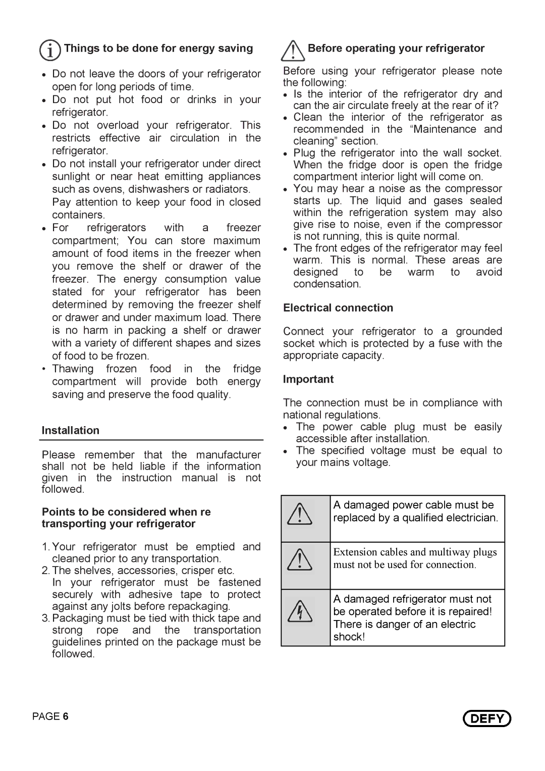 Defy Appliances 14875 Things to be done for energy saving, Before operating your refrigerator, Electrical connection 