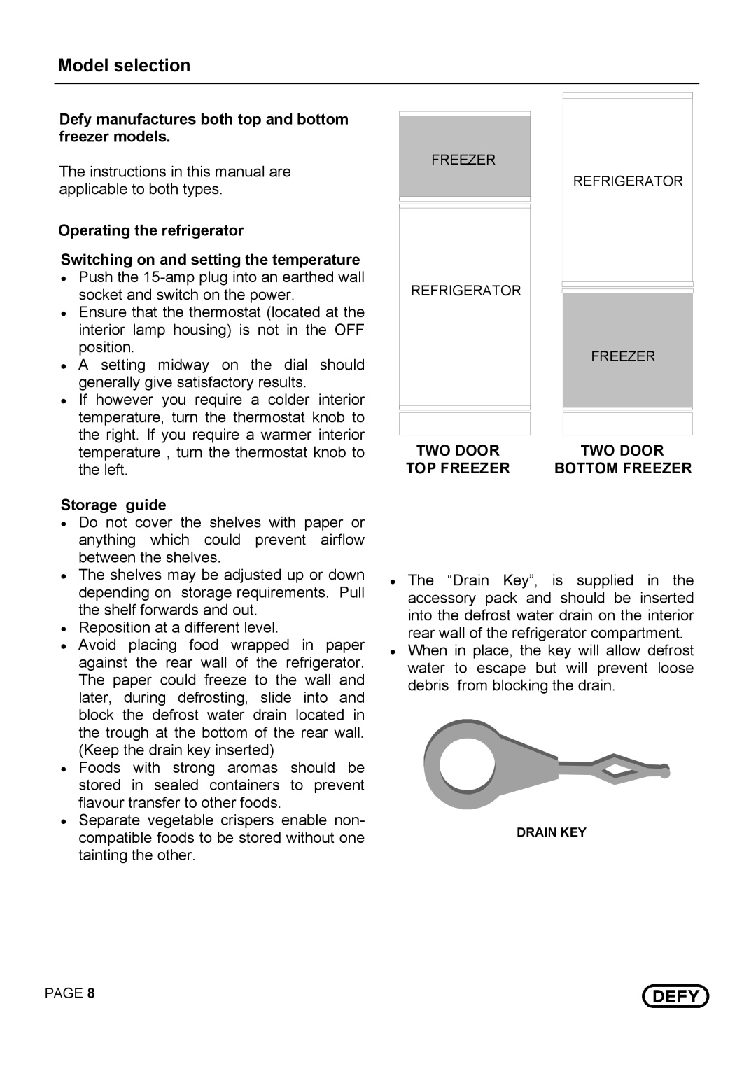 Defy Appliances 14875 Model selection, Defy manufactures both top and bottom freezer models, Storage guide 