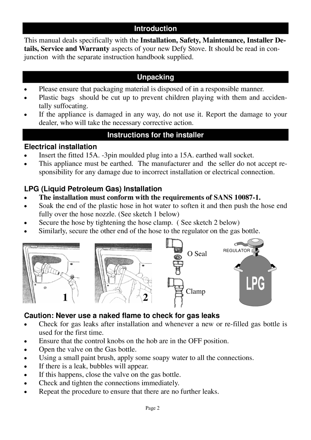 Defy Appliances 150, 66200 manual Introduction, Unpacking, Instructions for the installer, Clamp 